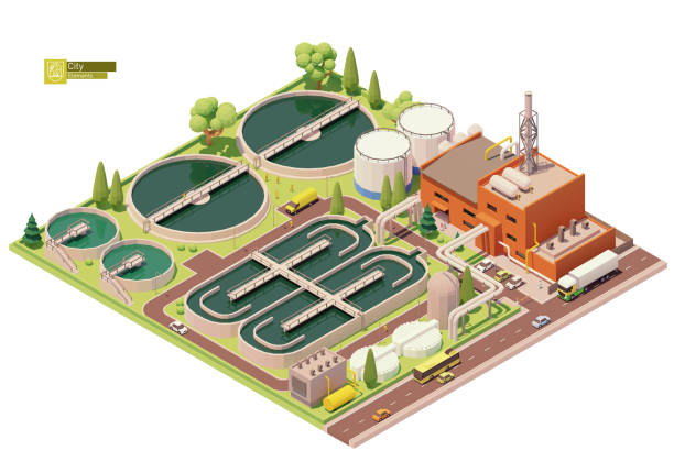 Vector low poly water or sewage treatment plant infrastructure. Water or wastewater cleaning plant. Basins for sewerage water aeration. Biological treatment plant
